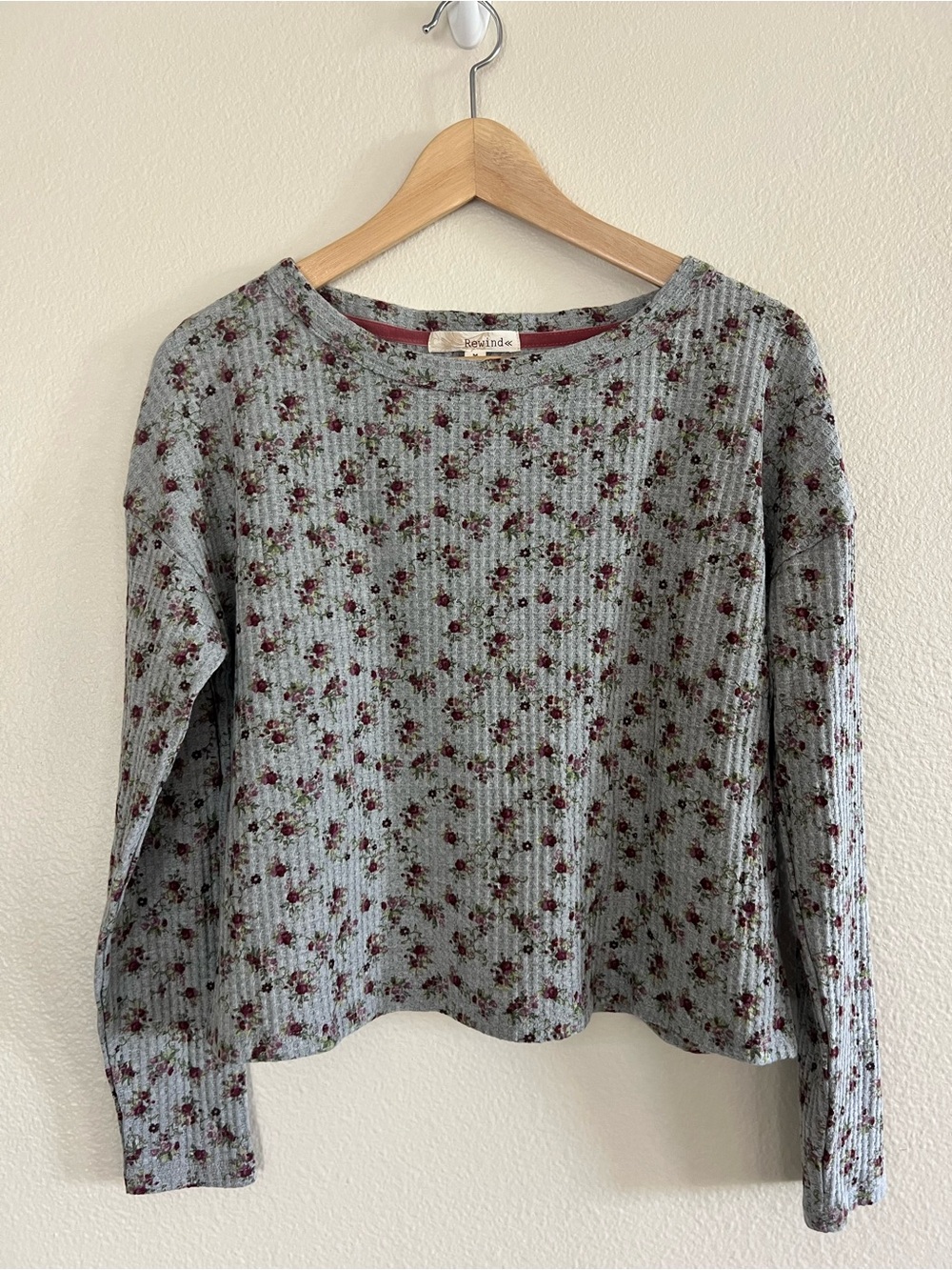 Rewind Light Blue Ribbed Long-Sleeve Floral Top